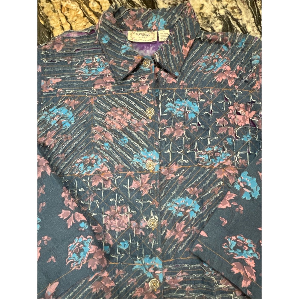 VTG Jean Jacket Painted Flowers Floral Shredded Denim Tantrums Women's XL - Picture 2 of 14